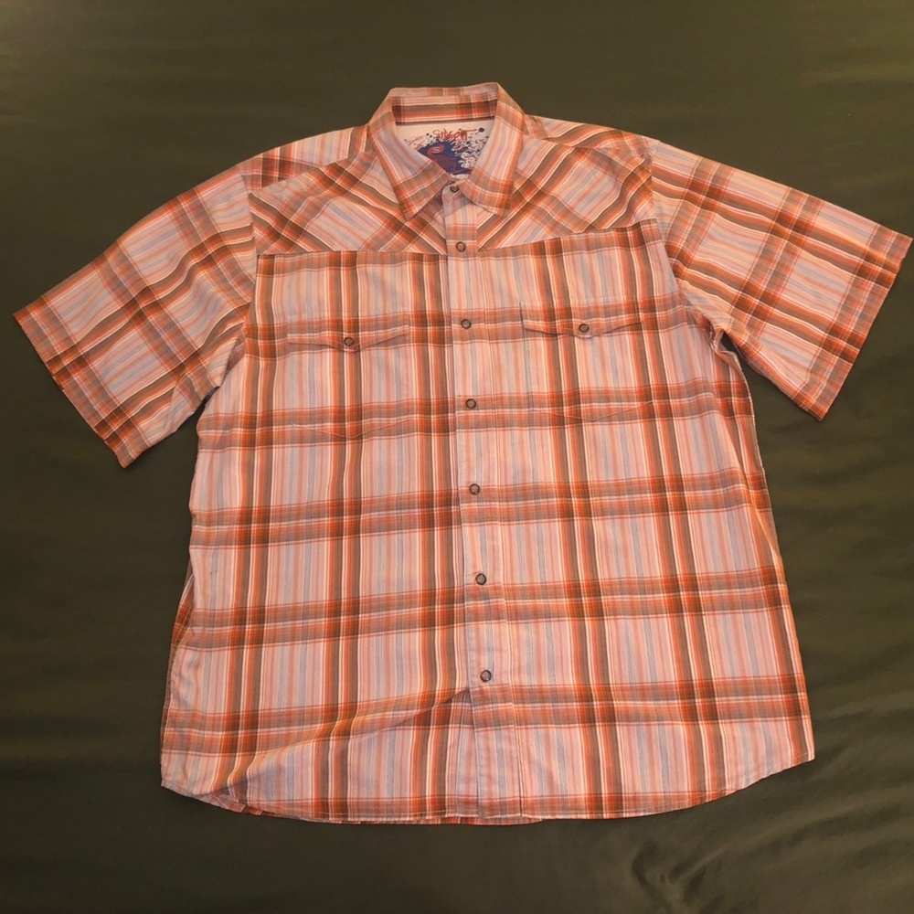 VTG Sideout Y2K Short Sleeve Pearl Snap Shirt Orange Plaid Men’s XL Rockabilly